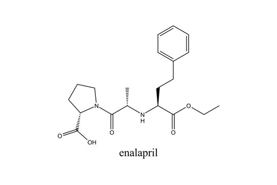 Enalapril molecular structure shown as a two-dimensional chemical skeletal formula isolated on a clean white background for pharmaceutical, medical, chemistry, and scientific applications.