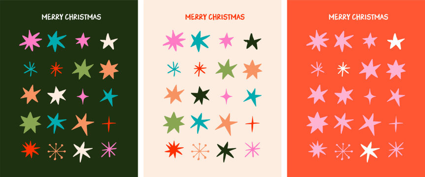 Colorful hand drawn Merry Christmas background. Greeting card and poster vector templates with decorative grid made from stars and snowflakes doodles