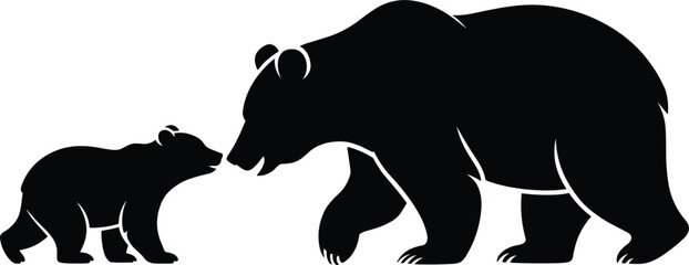 Black silhouette of a large grizzly bear walking towards a small bear cub on a white background, isolated of wild animals in nature © Narul766