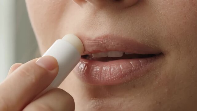 Extreme close-up of a woman applying moisturizing lip balm. Female rubbing lips together after using chapstick. Daily skincare and beauty routine concept