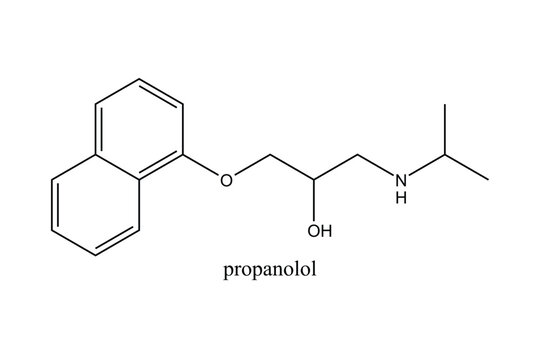 Propranolol molecular structure shown as a two-dimensional chemical skeletal formula isolated on a clean white background for pharmaceutical, medical, chemistry, and scientific applications.