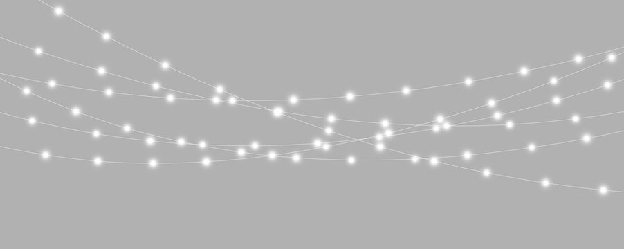 Glowing white string lights are arranged in multiple horizontal curved rows. Each bulb emits a soft halo effect with subtle illumination. This festive decoration is ideal for party or.