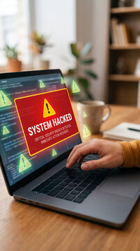 Laptop displays "SYSTEM HACKED" warning, signifying a critical security breach and immediate action needed, representing digital threat and cyber security.