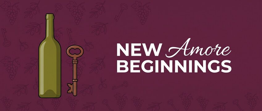 Wine bottle vintage key banner illustration for new beginnings love typography concept romantic burgundy background template design vector art for wedding anniversary celebratory greeting card