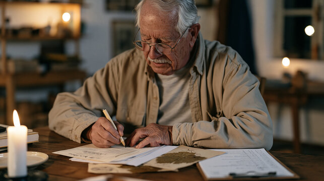 Elderly vineyard manager cross referencing wine label typography documents with an opera playbill design by candlelight a clipboard checklist of harvest printing deadlines resting