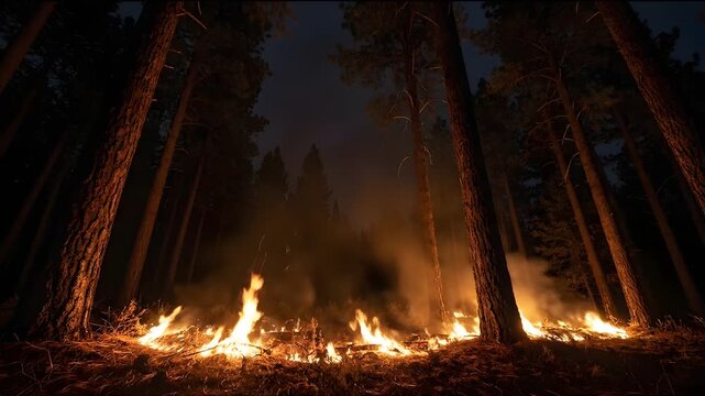 Devastating forest wildfire burning through pine trees at night, creating dramatic smoke and glowing flames