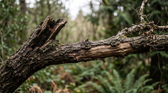 Close-up of weathered tree branch with rough bark, moss, and broken wood, symbolizing nature, decay, and the passage of time.
