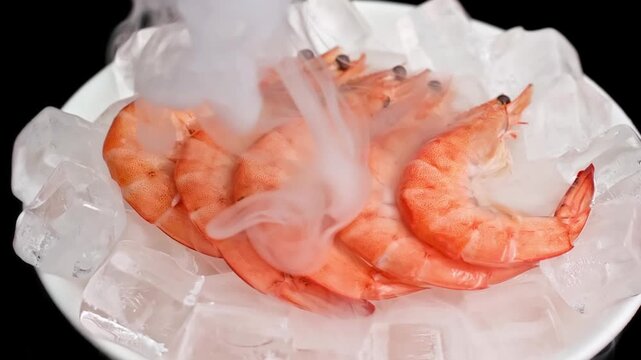 4K close-up footage of premium cooked red shrimp chilled on ice with swirling dry ice smoke against a pure black background