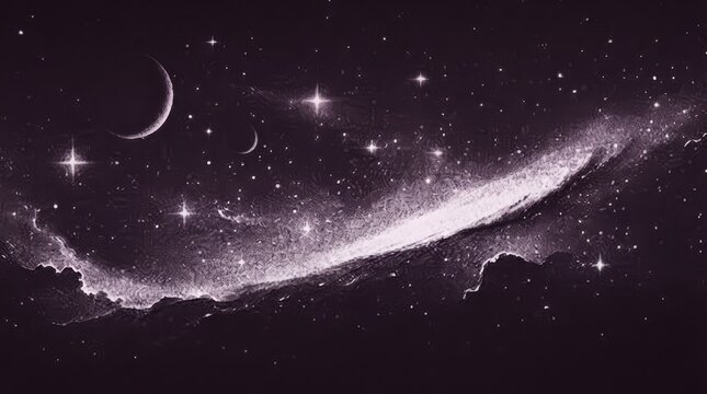 Starry Night Sky with Glowing Stars and Moon, Abstract Dark Blue Galaxy, Nebula and Cosmic Universe Background for Astronomy, Science and Fantasy Themes