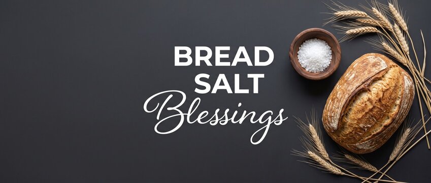 Sourdough bread salt wheat background flat lay with copy space for culinary banner. Fresh artisan loaf, sea salt bowl, and wheat stalks on dark surface for bakery design, hospitality, and food menu.