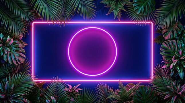 Vibrant Neon Frame with Glowing Pink Circle & Lush Tropical Leaves Futuristic Energy