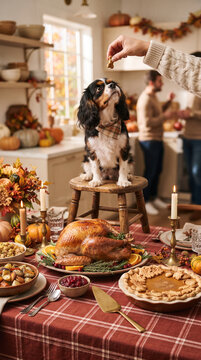 A dog sits on a stool at a Thanksgiving dinner table laden with food, waiting for a treat, symbolizing festive celebration and family gathering, with people in the background