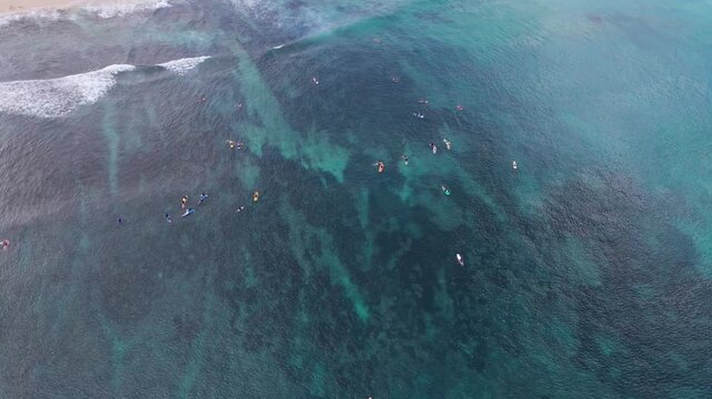 Aerial surfers paddling and waiting over turquoise reef with gentle breaking waves, with ocean, sea, surf, surfer detail, showing wave, reef, water, paddle context
