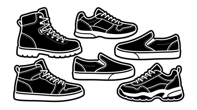Collection of black and white shoe illustrations on a white background.