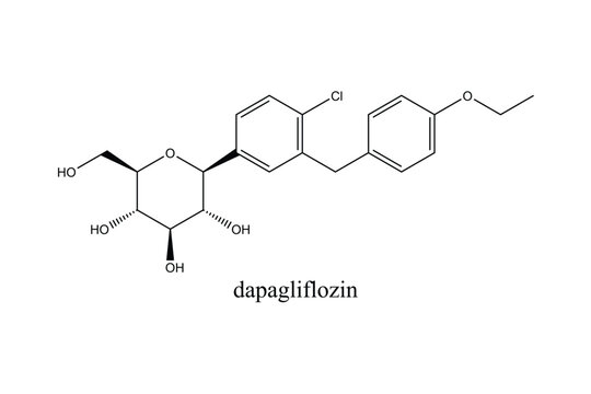 Dapagliflozin molecular structure shown as a two-dimensional chemical skeletal formula isolated on a clean white background for diabetes, pharmaceutical, medical, and scientific applications.