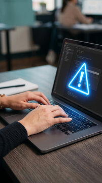 Close-up of hands typing on a laptop displaying a warning triangle, symbolizing alerts, errors, and computer issues for IT or tech concepts