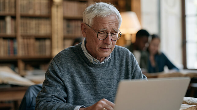 Elderly hieroglyph translation scholar in a luxury study surrounded by ancient reproductions, rushing to cross-reference a screen full of decoded data before a publication