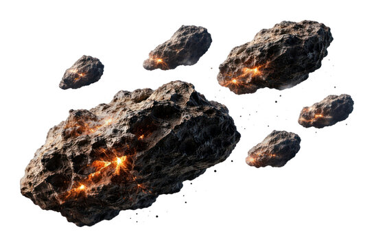 PNG Fiery asteroids flying through space on transparent background.