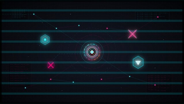 Futuristic digital interface with geometric icons and glowing data points