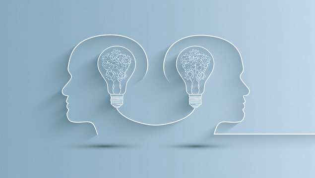 Vector of two human heads made of gears with light bulb shape inside
