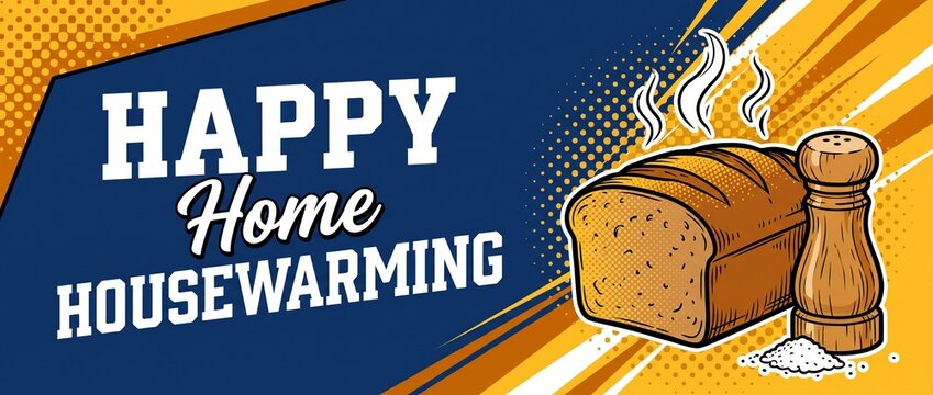 Happy home housewarming bread salt illustration in retro pop art comic style featuring steaming fresh loaf and wooden shaker on blue yellow halftone banner background for new home greeting card banner