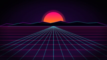 Neon Cyber Grid Perspective Horizon Background © Hindetre