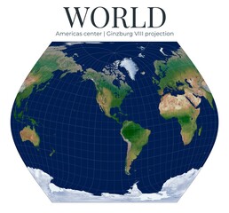 World Map. Ginzburg VIII projection. Americas center at latitude 10 longitude -90. Compromise projection visually balanced for education. Detailed physical topography. © Eugene Ga