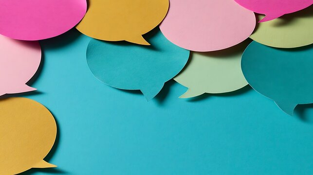 Vibrant speech bubbles in various colors create a playful backdrop, symbolizing communication and interaction in a modern context