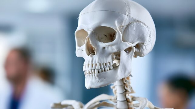 A detailed human skull model with visible teeth and eye sockets  mounted on a partial skeleton against a blurred clinical background