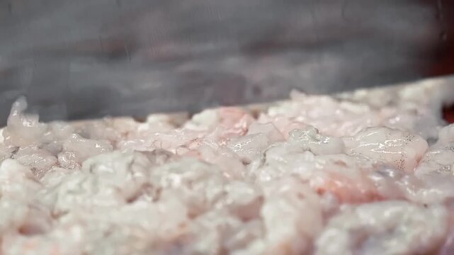 4K macro close-up footage of fresh raw peeled whiteleg shrimp meat filling the screen, slowly chopped with a knife