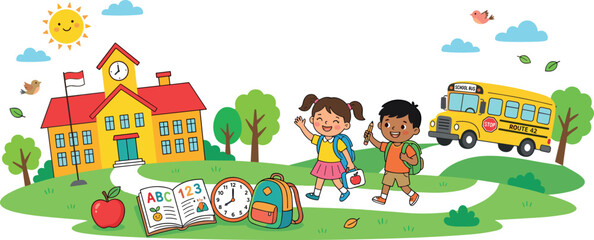 Fototapeta premium Back to school banner vector illustration with cute children walking to school building yellow bus backpack books and clock isolated on white background