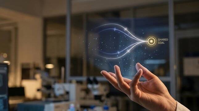 The hand demonstrates a glowing futuristic concept of achieving a unified goal through collaboration and technology