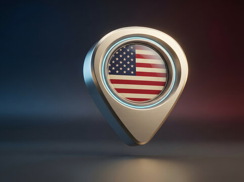 Metallic silver map pin containing american flag emblem stands on reflective dark surface with colorful neon lighting behind.