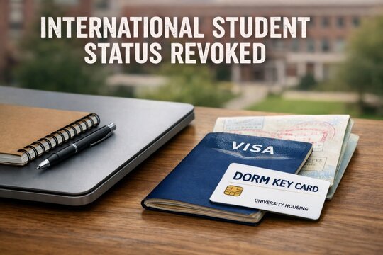 Immigration and deportation concept with revoked student visa on office desk