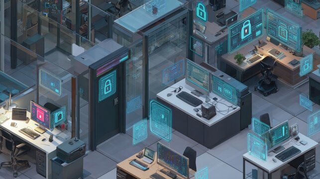 Modern office workspace with glowing digital security lock interface