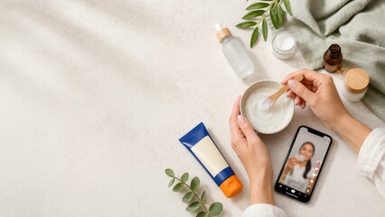 Skincare routine setup with sunscreen, creams, and green leaves on a light background © dvoevnore