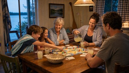 Family playing board game at lakehouse during evening © dvoevnore