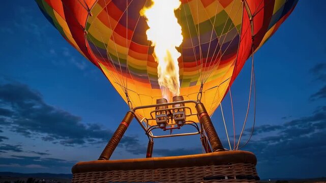 Slow motion upward tilt of hot air balloon basket as burner flame ignites over open field at dusk with low angle view of ascent