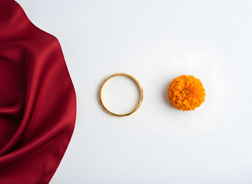 Minimalist flat lay of Indian wedding items with a single gold bangle, orange marigold flower, and red silk fabric on white