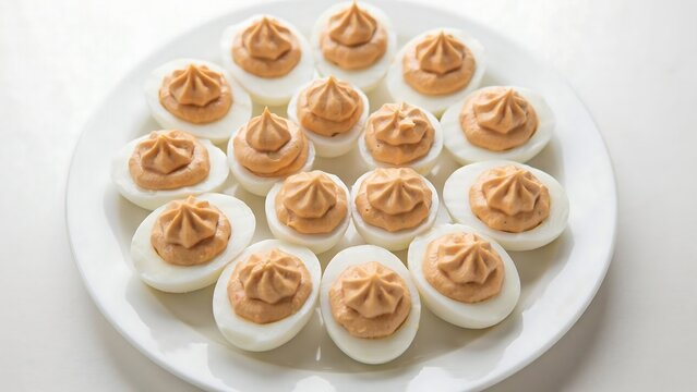 Deviled eggs with piped filling arranged on a white serving plate boiled eggs homemade