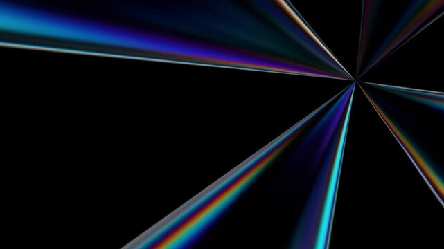 Futuristic Dark Spectrum Light Beams Loop Video, Rotating Cyan Blue Prism Rays Motion Graphics, Cybernetic Black Background Light Animation &ndash; Radial arrangement of sharp glowing neon light cones