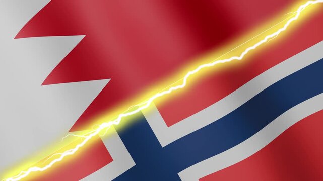 Two waving flags Bahrain and Norway with diagonal lightning seamless, 4k loop