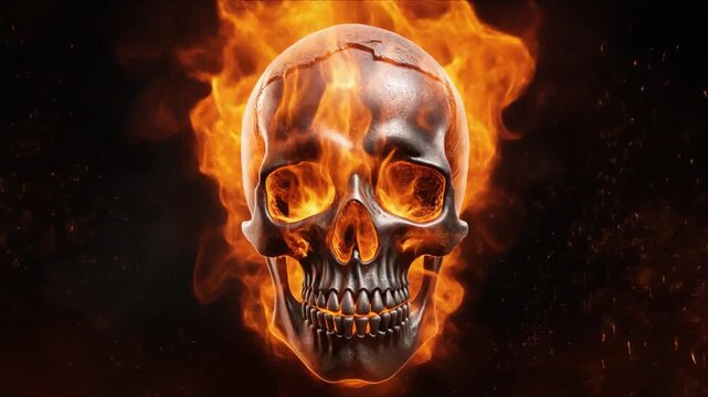 Fiery Skull Concept Animation With Intense Flames Against Dark Background Cinematic Motion