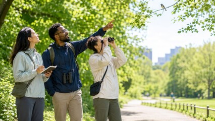 Birdwatching enthusiasts in lush green park observing birds, springtime activity © dvoevnore