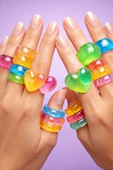 Colorful jelly rings on hands with pastel nails, heart shapes, and purple background © dvoevnore