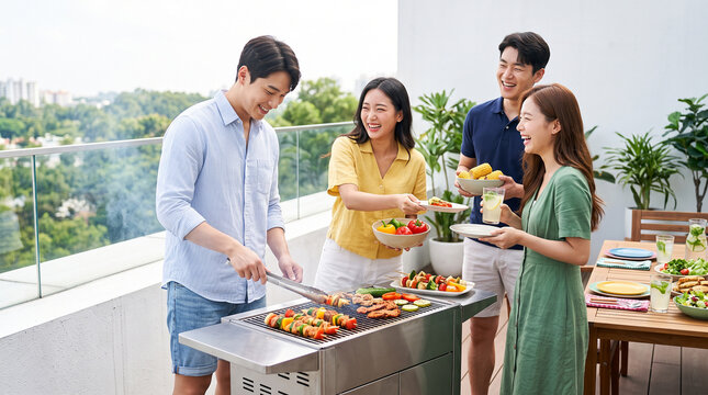 Asian friends preparing barbecue together at outdoor rooftop gathering