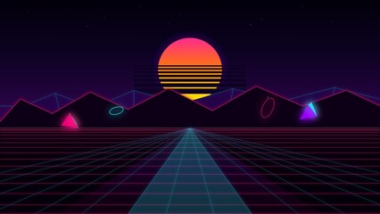 Abstract Geometric Polygonal Landscape with Glowing Neon Wireframe © Inoggra