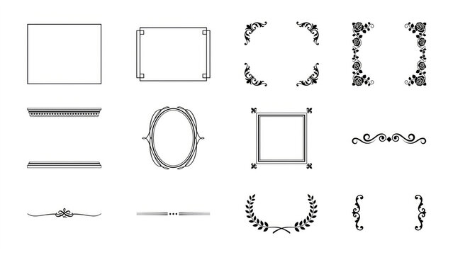 Decorative vintage border frames and elegant divider lines collection featuring classic floral ornaments and simple black geometric graphic design elements