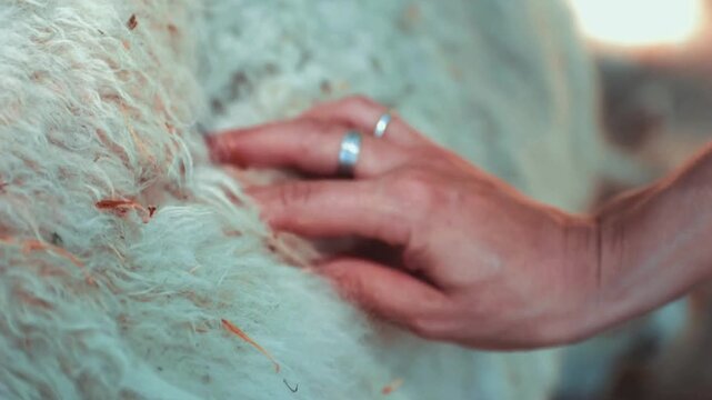 Close up of a person's hand touching the thick white wool of a sheep on a farm.