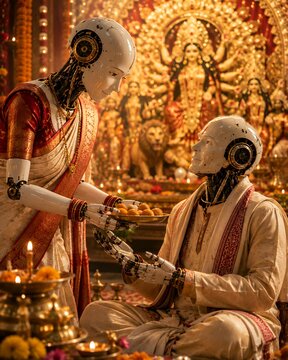 Humanoid robot in traditional Bengali attire offering festive prasad to an elder robot during Durga Puja celebration, blending futuristic AI technology with Indian cultural tradition